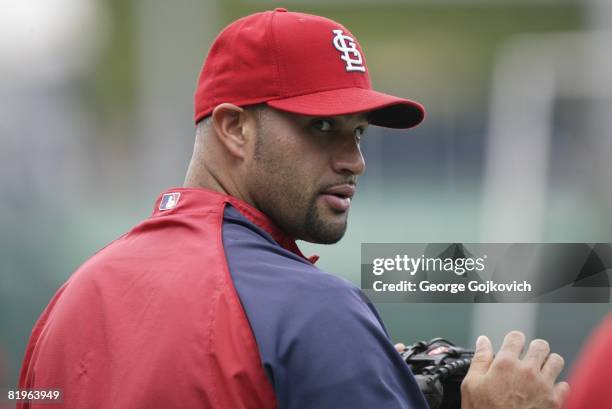 First baseman Albert Pujols of the St. Louis Cardinals looks on from the field during pregame warmup before a game against the Pittsburgh Pirates at...