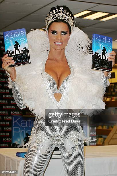 Katie Price attends the promotion of her book 'Angel Uncovered!' at Borders on July 17, 2008 in London, England.