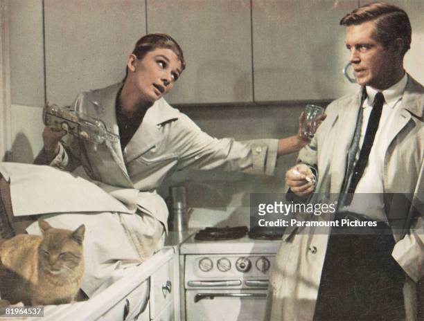 Actors Audrey Hepburn and George Peppard star as Holly Golightly and Paul Varjak in the film 'Breakfast at Tiffany's', 1961.