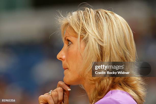 Head Coach Jenny Boucek of the Sacramento Monarchs looks on from the sidelines during the WNBA game against the Los Angeles Sparks on July 10, 2008...