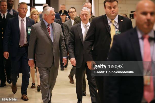 Secretary of State Rex Tillerson and Defense Secretary James Mattis arrive to brief members of the House of Representatives in the U.S. Capitol...