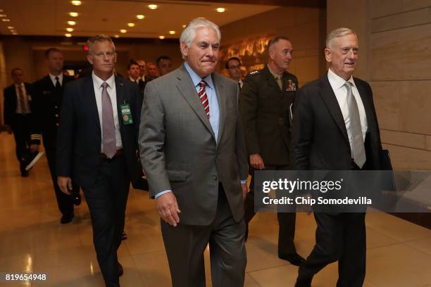 Secretary of State Rex Tillerson , Defense Secretary James Mattis and Chairman of the Joint Chiefs of Staff Gen. Joseph Dunford arrive to brief...