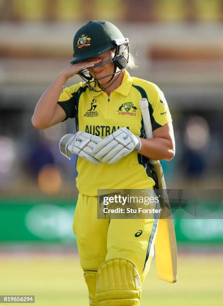 Australia batsman Alyssa Healy reacts after being dismissed during the ICC Women's World Cup 2017 Semi-Final match between Australia and India at The...