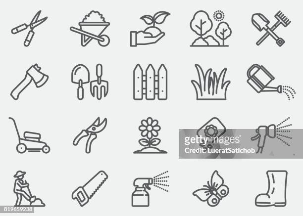 gardening and seeding line icons - tree pruning stock illustrations