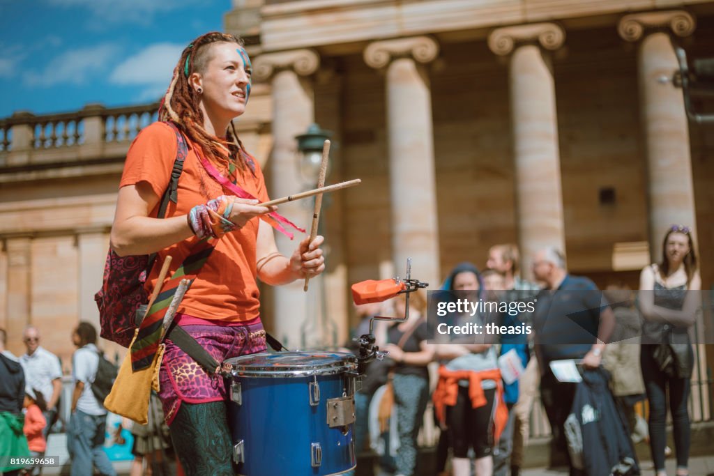 Drummers Perform in an Edinburgh Street Parade