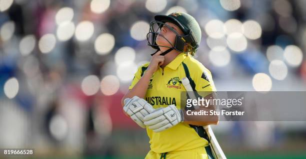 Australia batsman Alyssa Healy reacts after being dismissed during the ICC Women's World Cup 2017 Semi-Final match between Australia and India at The...