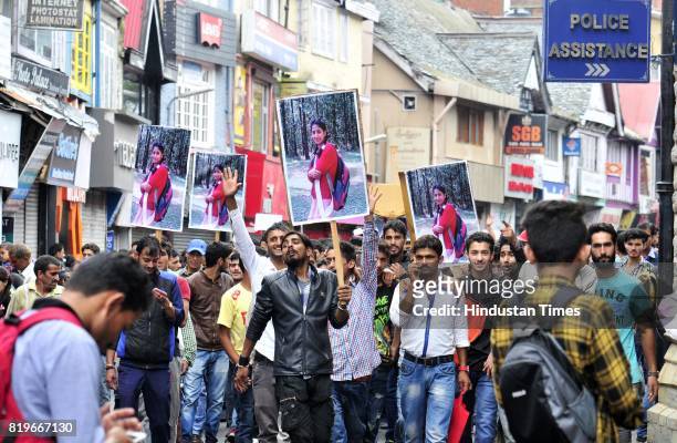 Supporters of ABVP protest against rape and murder of Kotkhai girl at Mall road on July 20, 2017 in Shimla, India. For a fortnight now, the...