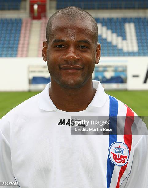 Junior Orestes poses during the Bundesliga 1st Team Presentation of Hansa Rostock at the DKB Arena on July 17, 2008 in Rostock, Germany.