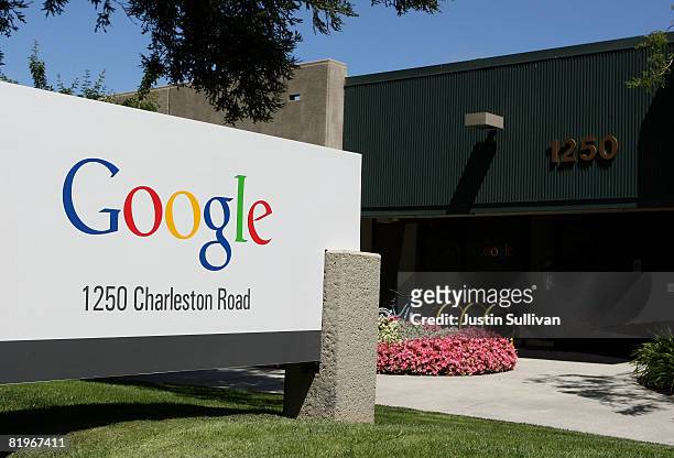 Sign is displayed outside of a Google office July 17, 2008 in Mountain View, California. Google Inc. Is expected to announce an increase in quarterly...