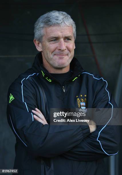 Mark Hughes the manager of Manchester City looks on during the UEFA Cup 1st Round 1st Leg Qualifying match between EB/Streymur and Manchester City at...