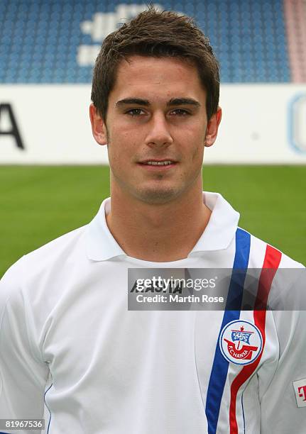 Fin Bartels poses during the Bundesliga 1st Team Presentation of Hansa Rostock at the DKB Arena on July 17, 2008 in Rostock, Germany.