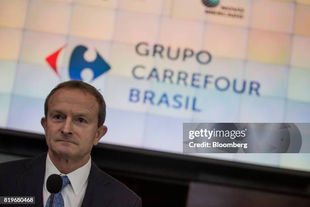 Charles Desmartis, chief executive officer of Grupo Carrefour Brasil, pauses while speaking during the initial public offering of Atacadao SA, the...