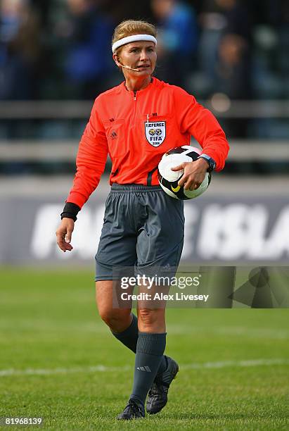 Referee Nicole Petignat of Switzerland takes charge of the UEFA Cup 1st Round 1st Leg Qualifying match between EB/Streymur and Manchester City at the...