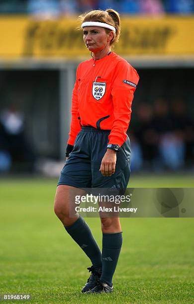 Referee Nicole Petignat of Switzerland takes charge of the UEFA Cup 1st Round 1st Leg Qualifying match between EB/Streymur and Manchester City at the...