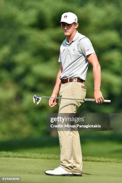 Jared du Toit of Canada looks towards the fourth hole during round one of the Mackenzie Investments Open held at Club de Golf Les Quatre Domaines on...