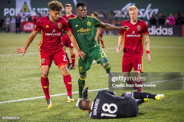 Real Salt Lake goal keeper anticipates Portland Timbers midfielder Dairon Asprilla during the second half of the Real Salt Lake 4-1 victory over the...