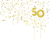 Golden foil balloon numbers, with gold confetti. White background.
