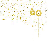 Golden foil balloon numbers, with gold confetti. White background.