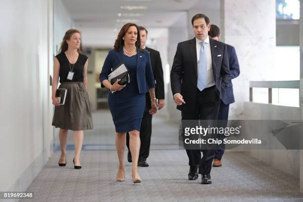 Senate Intellignece Committee members Sen. Kamala Harris and Sen. Marco Rubio arrive for a closed door session in the Hart Senate Office Building on...