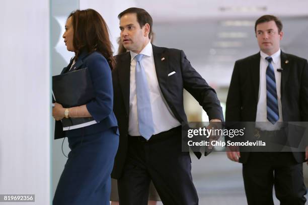 Senate Intellignece Committee members Sen. Kamala Harris and Sen. Marco Rubio arrive for a closed door session in the Hart Senate Office Building on...