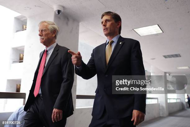 Senate Intellignece Committee members Sen. Angus King and Sen. Martin Heinrich arrive for a closed door session in the Hart Senate Office Building on...