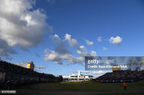 General view of the 18th green and clubhouse during the first round of the 146th Open Championship at Royal Birkdale on July 20, 2017 in Southport,...