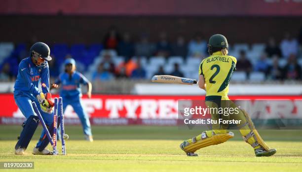 Australia batsman Alex Blackwell is bowled as Sushma Verma celebrates victory during the ICC Women's World Cup 2017 Semi-Final match between...