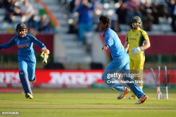 Deepti Sharma of India celebrates as she gets the winning wicket during the Semi-Final ICC Women's World Cup 2017 match between Australia and India...