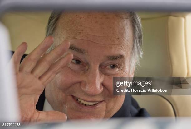 July 20: His Highness Shah Karim al-Hussaini, Prince Aga Khan waves from inside his car while leaving NOVA University of Lisbon, at the end of the...