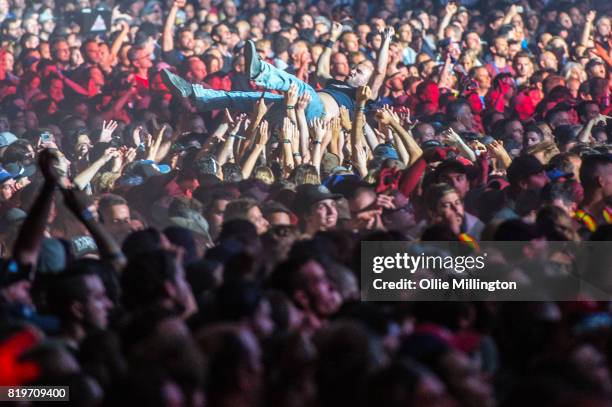 Metallica fan crowd surfs on day 9 of the 50th Festival D'ete De Quebec headlined by Metallica on the Main Stage at the Plaines D' Abraham on July...