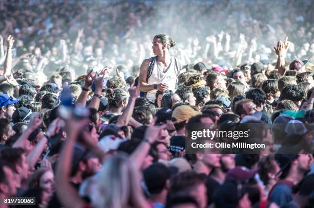 Metallica fan in the crowd on a friends shoulders on day 9 of the 50th Festival D'ete De Quebec headlined by Metallica on the Main Stage at the...