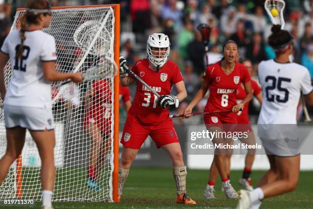 Isabel McNab the goalkeeper of England keeps an eye on Marie McCool of USA during the semi-final match between England and USA during the 2017 FIL...