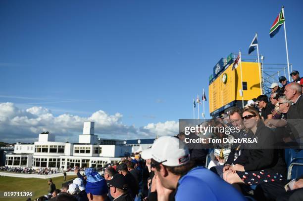 Sports Minister Tracey Crouch sits in the 18th grandstand during the first round of the 146th Open Championship at Royal Birkdale on July 20, 2017 in...