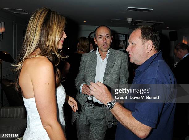 Dylan Jones and Celia Walden with Gary Farrow attend the book launch of 'Harm's Way' written by Celia Walden, at Soho House on July 17, 2008 in...