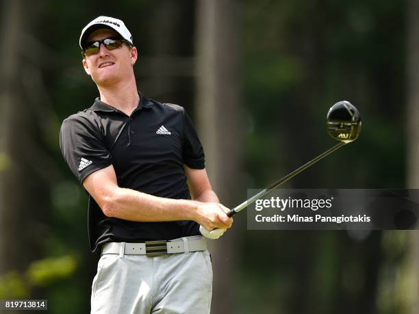 Jordan Niebrugge of the United States tees off from the first hole during round one of the Mackenzie Investments Open held at Club de Golf Les Quatre...