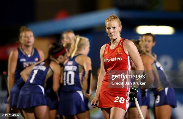 Nicola White of England looks at the big screen during day 7 of the FIH Hockey World League Women's Semi Finals semi final match between England and...