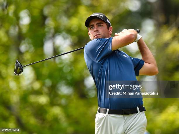 Jonathan Garrick of the United States tees off from the first hole during round one of the Mackenzie Investments Open held at Club de Golf Les Quatre...