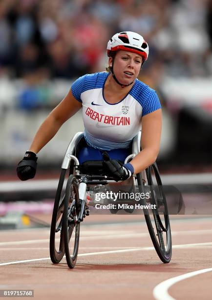 Hannah Cockroft of Great Britain crosses the line to win the Women's 400m T34 during day seven of the IPC World ParaAthletics Championships 2017 at...