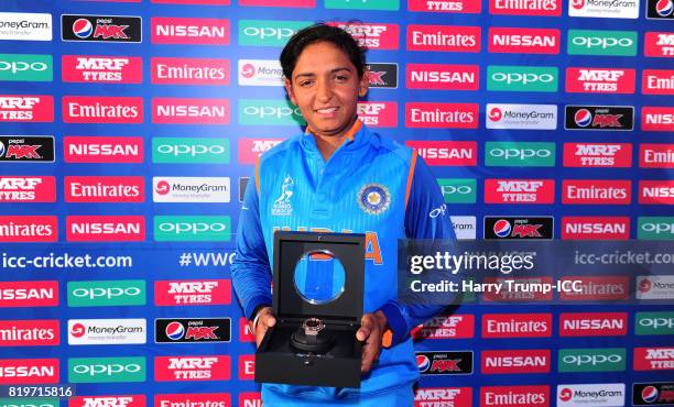 Harmanpreet Kaur of India poses with a Hublot watch during the ICC Women's World Cup 2017 match between Australia and India at The 3aaa County Ground...