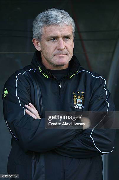 Mark Hughes, manager of Manchester City, looks on during the UEFA Cup 1st Round 1st Leg Qualifying match between EB/Streymur and Manchester City at...