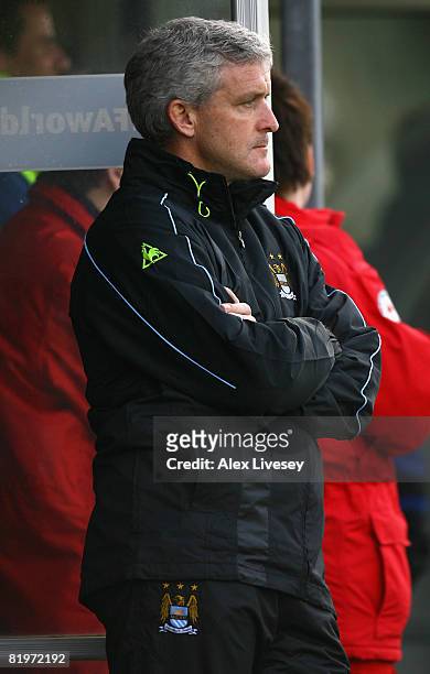 Mark Hughes, manager of Manchester City looks on during the UEFA Cup 1st Round 1st Leg Qualifying match between EB/Streymur and Manchester City at...