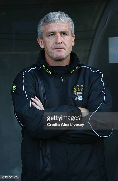 Mark Hughes, manager of Manchester City, looks on during the UEFA Cup 1st Round 1st Leg Qualifying match between EB/Streymur and Manchester City at...