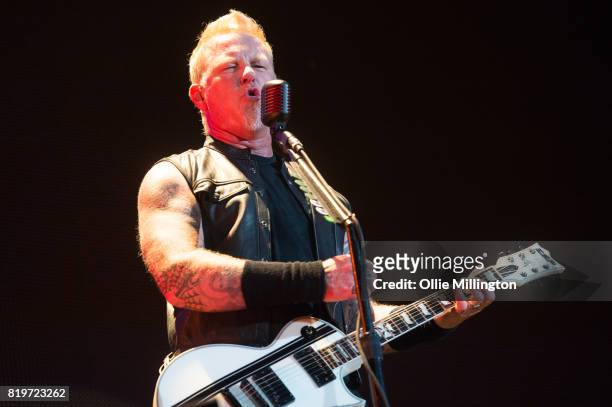 James Hetfield of Metallica performs live on stage headlining Day 9 of the 50th Festival D'ete De Quebec on the Main Stage at the Plaines D' Abraham...