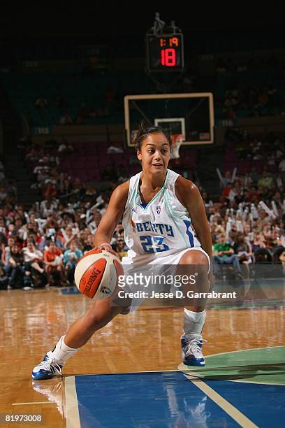 Leilani Mitchell of the New York Liberty drives against the Detroit Shock during the game on July 12, 2008 at Madison Square Garden in New York City....
