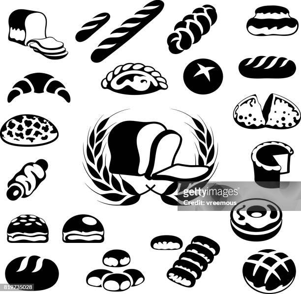 illustrazioni stock, clip art, cartoni animati e icone di tendenza di icone della panetteria, pane e pasticcini - savory pie