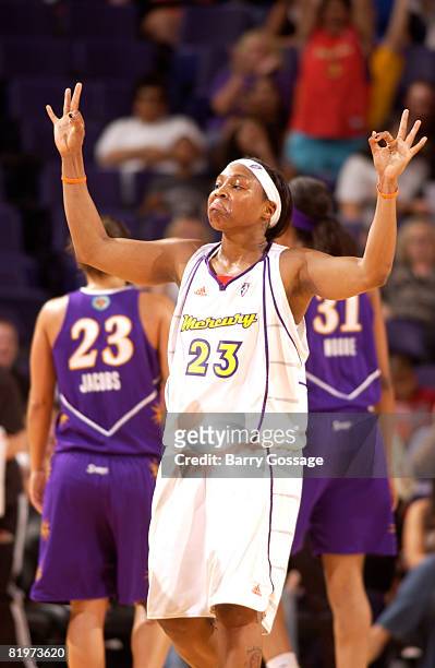 Cappie Pondexter of the Phoenix Mercury celebrates a three point basket against the Los Angeles Sparks on July 17 at U.S. Airways Center in Phoenix,...