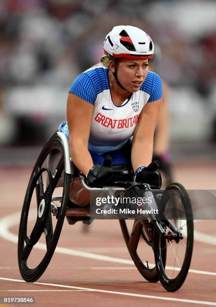 Hannah Cockroft of Great Britain crosses the line to win the Women's 400m T34 during day seven of the IPC World ParaAthletics Championships 2017 at...