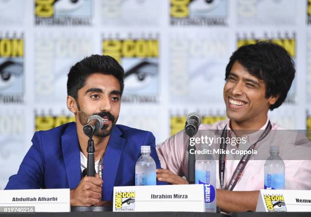 Actors Ibrahim Al-Mirza and Hemwant Tiwari speak onstage at the "Medinah" World Premiere Sneak Peek during Comic-Con International 2017 at San Diego...