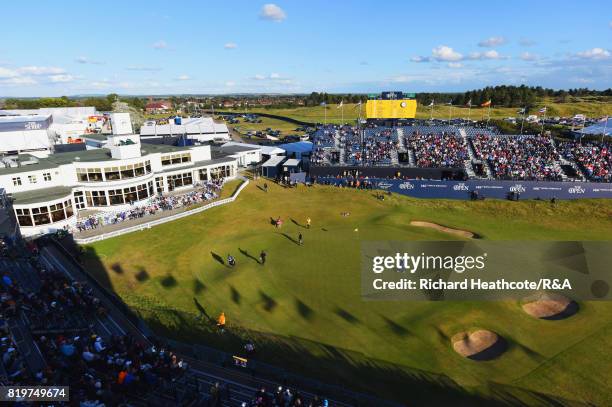 General view of the 18th green during the first round of the 146th Open Championship at Royal Birkdale on July 20, 2017 in Southport, England.