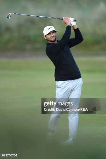 Kyle Stanley of the United States hits his second shot on the 16th hole during the first round of the 146th Open Championship at Royal Birkdale on...